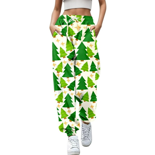 Gibobby pantalones jogger mujer Leggings elásticos largos navideños para mujer, pantalón informal con estampado de árbol de Papá Noel y de nieve, cinturón diario (Amarillo, XL)