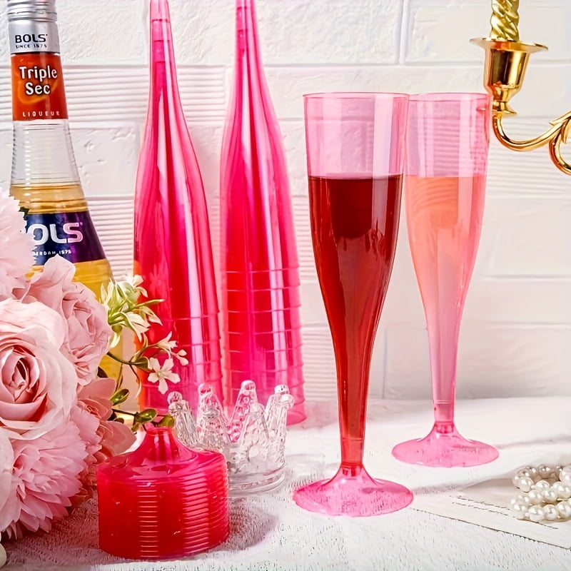 50/100pcs Reusable Durable 6oz Glitter Plastic Cups with Tapered Design, Pink Wine Glasses, Plastic Pink Champagne Flutes for Weddings, Birthdays, Bachelorette Parties, Wine (Pink Rim, Base)
