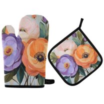 Yayeee Oven Mitts and Pot Holder Set of 2 Heat Resistant Kitchen Gloves Baking Hot Pad, Bright Flowers