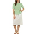 thumbnail image 2 of MODA NOVA Junior's Puff Shoulder Collarless Ruffle Keyhole Back Short Sleeve Blouse Green S, 2 of 5