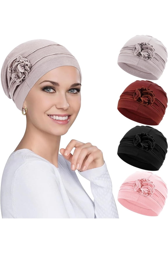4pcs Chemo Headwear Turbans Cap Beanie Hat Head Wraps Hair Coverings for Women Sleep Cap Chemo Cancer Hat with Flower Design (4 Colors)