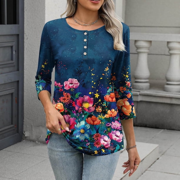 TaTaai Women's Fashion Printed Casual Tops Button Crew Neck Three Quarter Sleeve Loose Fit T-Shirts Lightweight Breathable Soft Tees for All Seasons Daily Dating Work Wear Gift