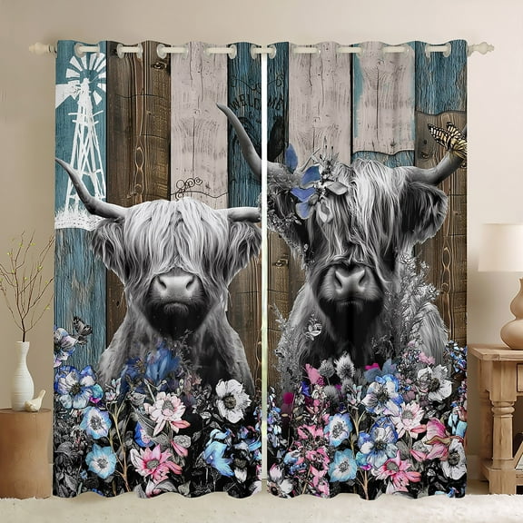 Castle Fairy Highland Cow Black Out Curtains for Boys Girls,Rustic Farmhouse Animal Curtains Pack of 2 (42x63 Each),Chic Floral Flowers Bedroom Curtains,Luxury Bedroom Decor