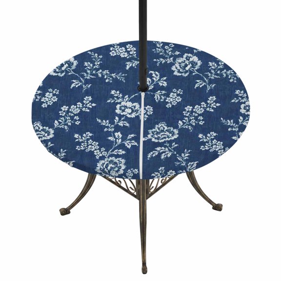 Outdoor Tablecloth with Umbrella Hole and Zipper Navy Blue Roses Round Fitted Table Cover with Elastic Waterproof Vintage Spring Wildflowers Leaves Patio Tablecloths for Picnic BBQS Fit 45"-54"