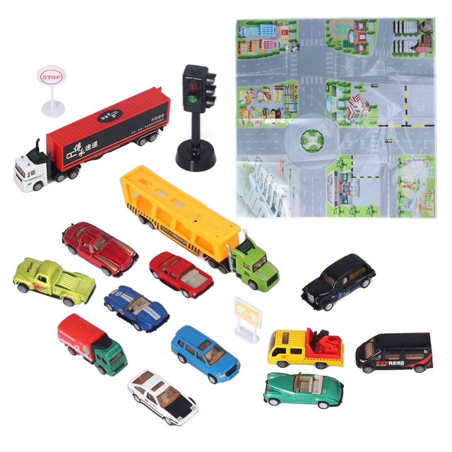 Juego de juguetes de modelo de coche fundido a presión para niños, 14 Uds., vehículo portátil educativo de aleación con mapa, semáforo, señales de tráfico para niños