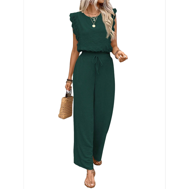 Jumpsuits for Women 2025 Summer Ruffle Sleeves Square Neck Rompers Drawstring Overalls with Pockets Green S