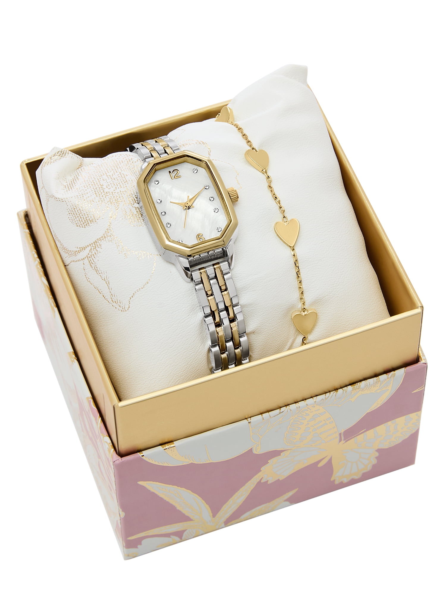 Folio Women’s 2PC Watch & Bracelet Set with 22mm Octagonal Case, Two-Tone Design
