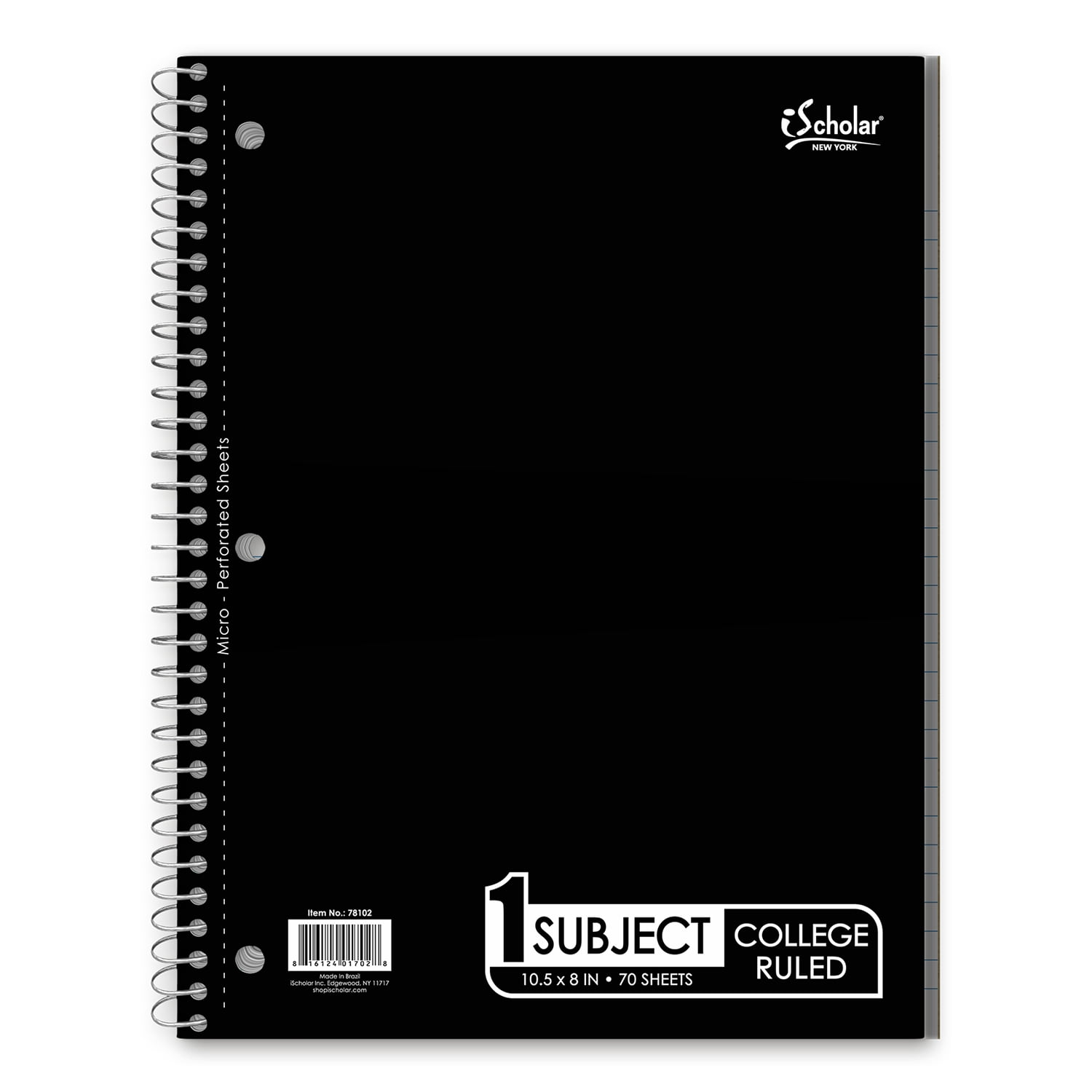 iScholar 1 Subject Notebook, 10.5' x 8', College Rule, 70 Sheets, Black (78102-BK)