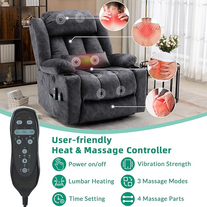 VIVIJASON Tall Man Dual Motor Power Lift Recliner, Oversized Lay-Flat Sleeper with Extended Footrest, Heat, Massage, Lumbar Pillow & USB/Type-C, Plush Grey