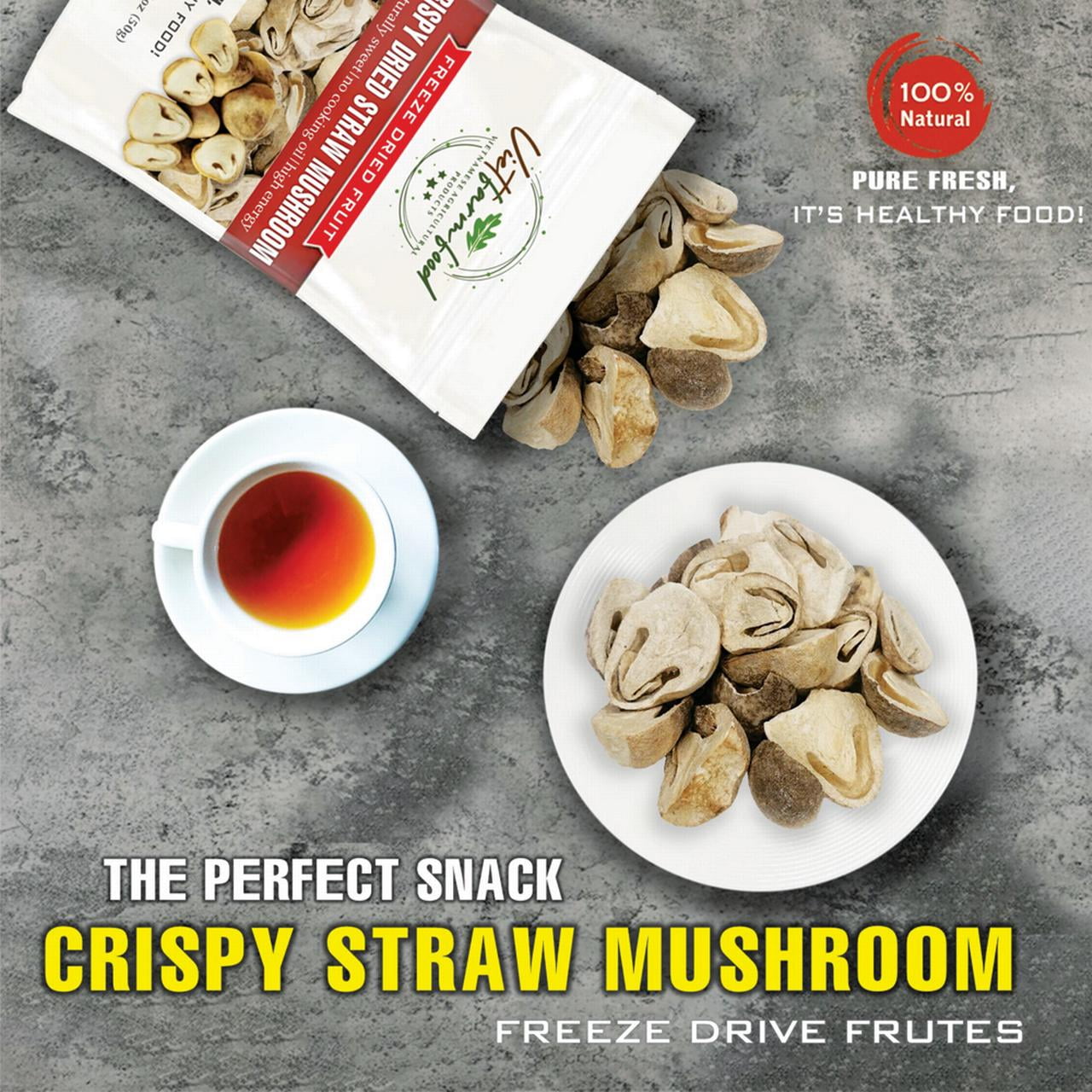 CRISPY STRAW MUSHROOM 1,76 oz (50g) VIETFARMFOOD: Freeze-dried, no sugar added, naturally sweet. Nutritious, pure, and crunchy. Great for snacking, toppings, desserts or healthy gifting