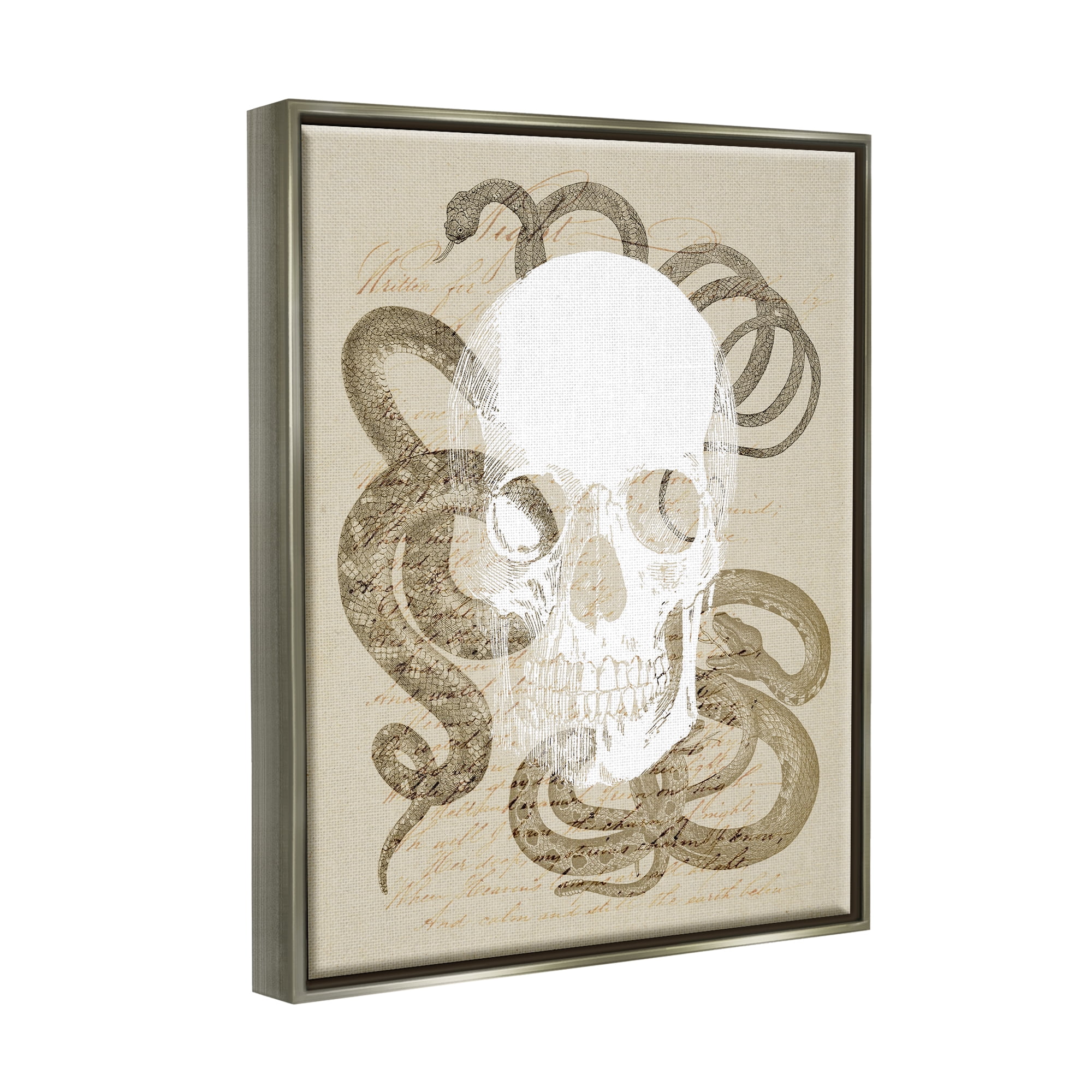 Stupell Industries Skull & Snake Vintage Script Animals & Insects Painting Gray Floater Framed Canvas Art Print Wall Art, 17 x 21