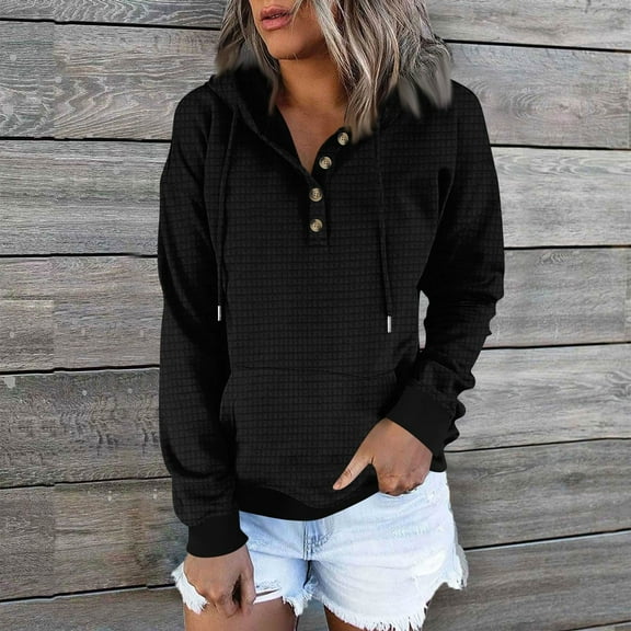 Women's Button-Up Hoodie - Long Sleeve Pullover with Drawstring and Pocket, Casual Solid Color Sweatshirt Black
