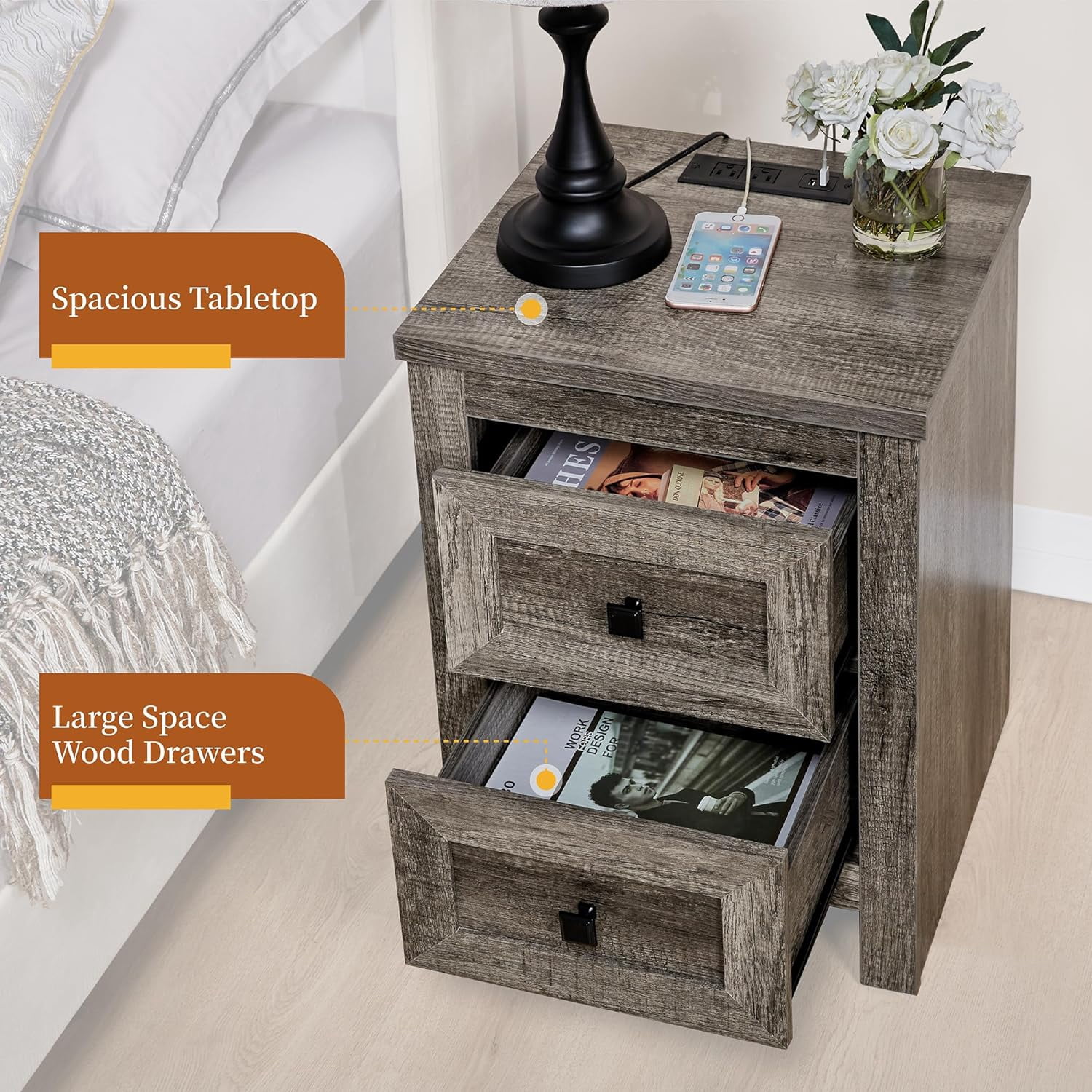 Merluxy Nightstand Set of 2 with Charging Station, Farmhouse Wood Bedside Table Rustic Grey