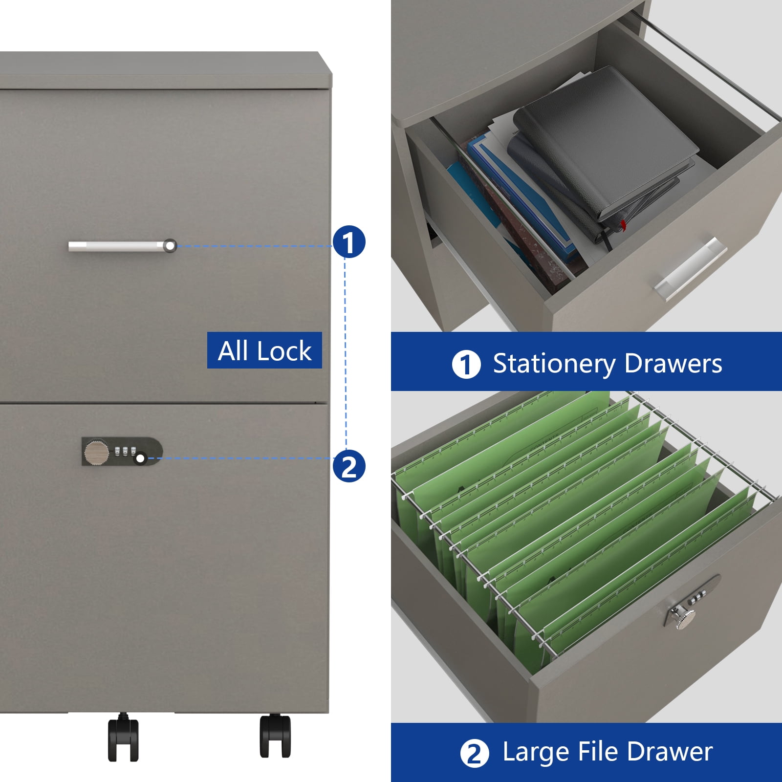 Kadyn Pulley Movable File cabinet, Small Rolling File Cabinet with Two Drawers and Lock, Office Storage Cabinet for Home Office, Antique grey white Kadyn Pulley Movable File cabinet, Small Rolling File Cabinet with Two Drawers and Lock, Office Storage Cabinet for Home Office, Antique grey white