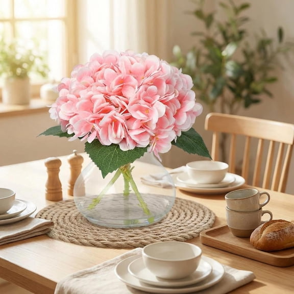 Pink Fake Flowers, Artificial Hydrangea Flowers with Vase & Fake Water, Silk Faux Flower Arrangements for Coffee Table Decor, Bathroom Plant Decor