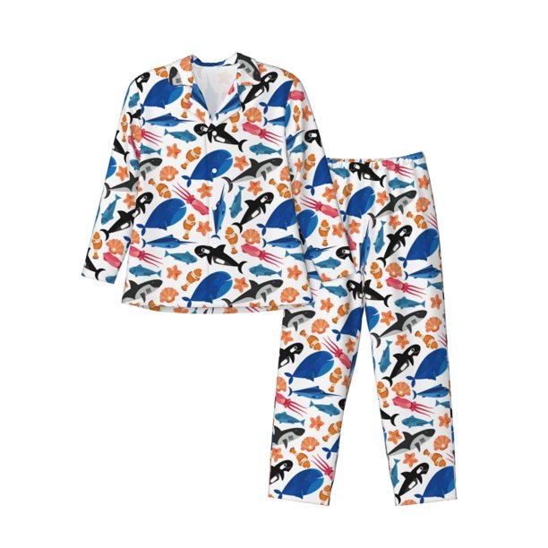 Balery Cute Sea Animals Pijama para Hombre de Dos Piezas con Manga Larga, Conjunto de Dormir y Descanso Suave con Bolsillos-Large