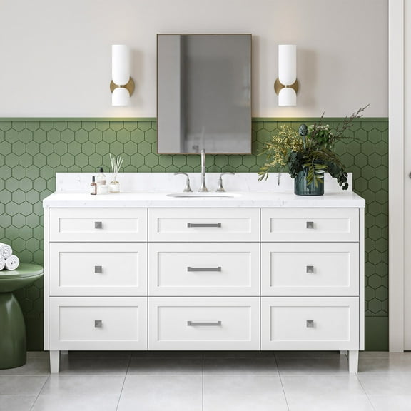 Ariel Monroe 66 Inch Single Oval Sink Bathroom Vanity With Carrara White Quartz Countertop 1.5 inch Edge In White