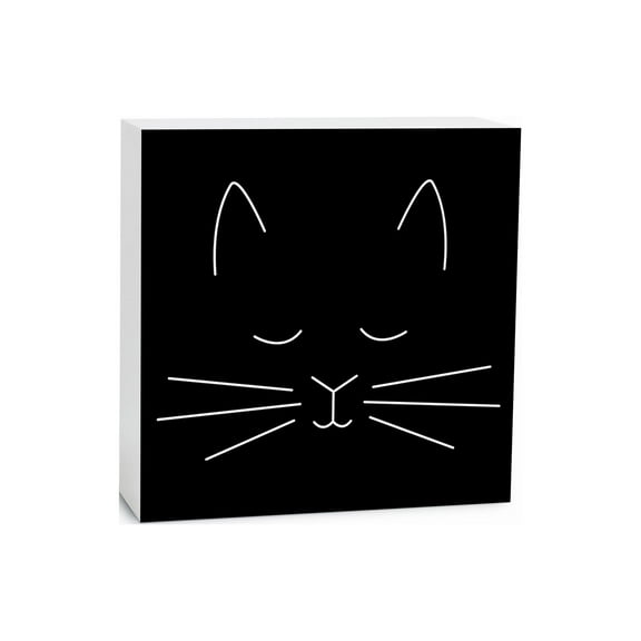 Cat Face White Line Sketch 5 x 5 Wood Tabletop Sign Plaque
