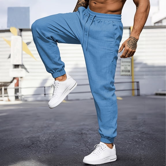 Men's Linen Jogger Pants, Elastic Waist with Drawstring, Casual Tapered Trousers with Cuffed Ankles Sky Blue 3XL