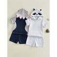 thumbnail image 3 of BemeyourBBs 2Pcs Toddler Baby Boy Shark Raccoon Costume Summer Clothes Kids Halloween Animal Outfits Short Sleeve Cute Animal Hooded Hoodie Shirt Tops and Elastic Waist Pockets Shorts Set, 3 of 9