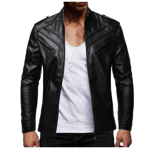 IYTR Men's Fashion Leather Jackets Zipper Stand-up Collar Plus Size Retro Leather Coats with Pocket Solid Color Long Sleeve Jacket Black XXXL