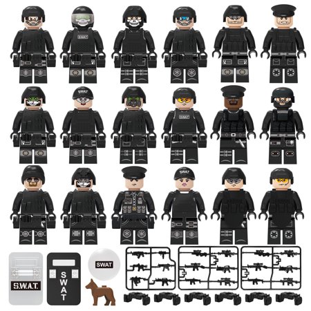 MOC 18PCS Set Black special police military building blocks, human figures with belts, police dogs, protective shields, military fan toys