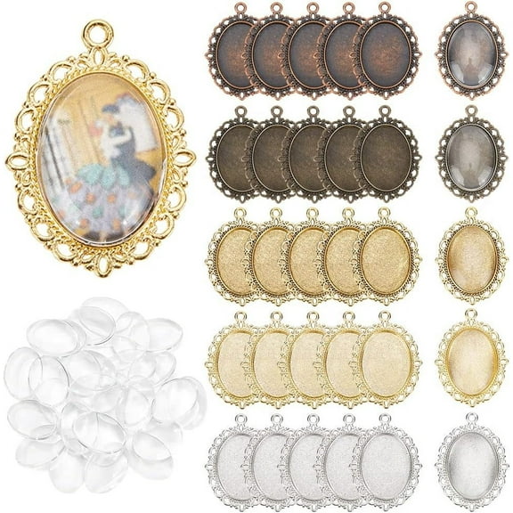 60pcs Pendant Tray Kit 30pcs 5 Color Oval Pendant Blank Bezel 30pcs 25 x 18mm Glass Cabochon Dome Tiles Clear Cameo Memorial Photo Pendant