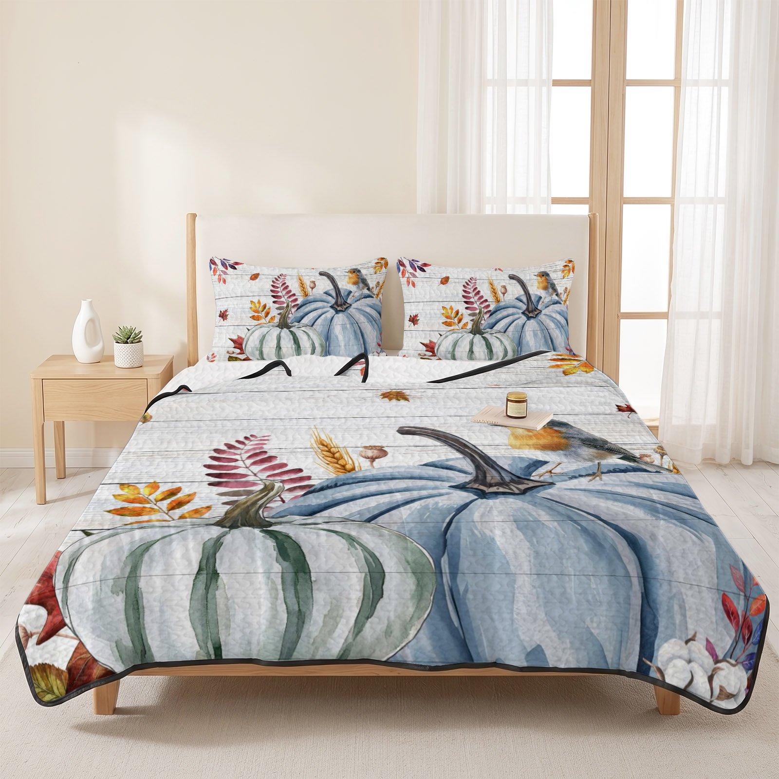 King Quilts Bedding Set Fall Eucalyptus Leaf Soft Warm Quilted Bedspread Comforter with Pillow Shams Thanksgiving Pumpkin White Wood Board All Season Coverlet Bed Decor Blankets