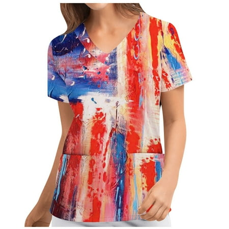 

USSUMA Plus Womens Tops Dressy Casual American Flag Scrub Tops Women Independence Day V Neck Scrubs 4th of July Nursing Working Uniform with Pockets