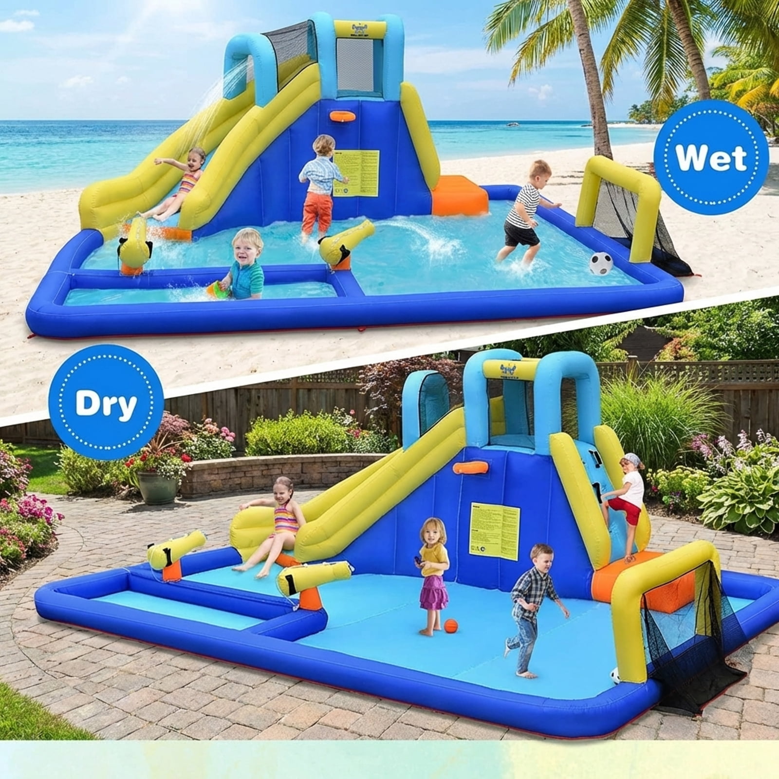Redsmile 6-in-1 Inflatable Water Slides with Splash Pool Climbing Wall Basketball Hoop for Kids Aged 3-10 Outdoor Summer Play - Blue and Yellow