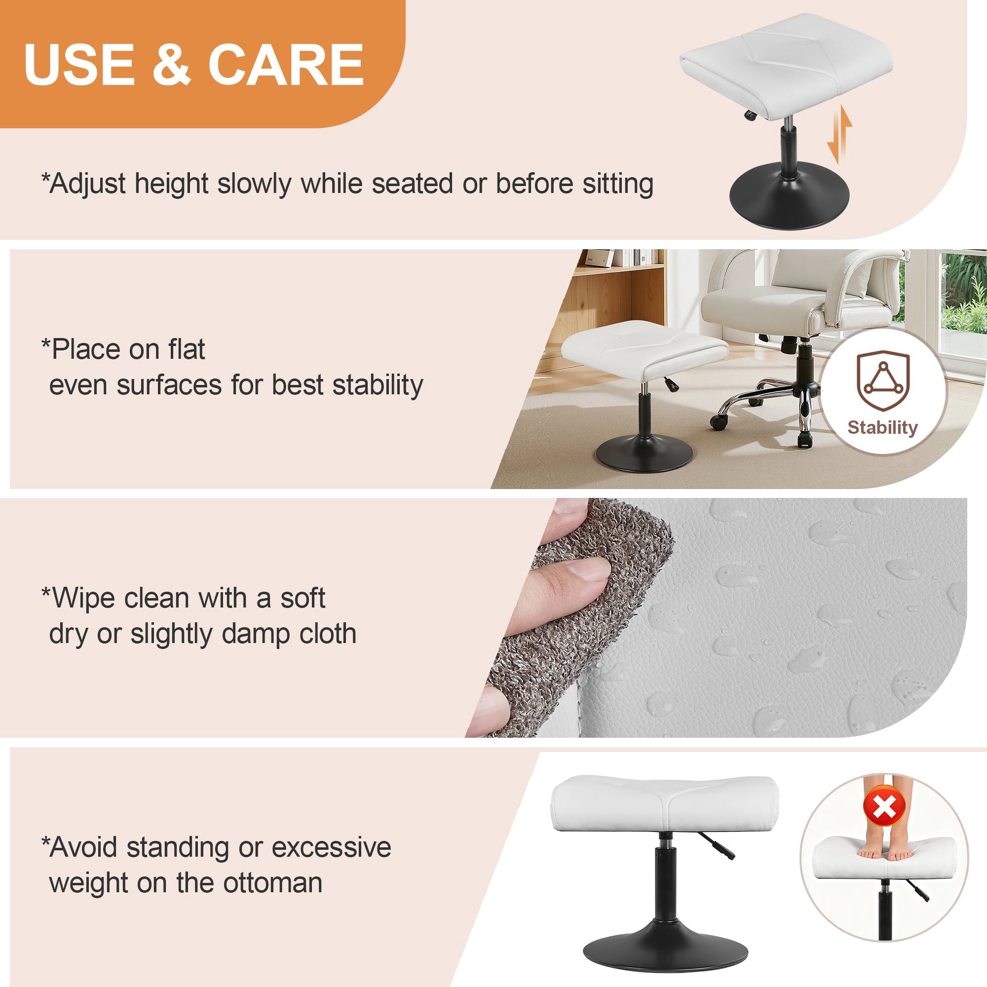 VECELO Footrest Height Adjustable Ottoman Leg and Foot Rest for Work Comfort, Computer Desk Swivel Stool with Thick Padding, Office Seat, White