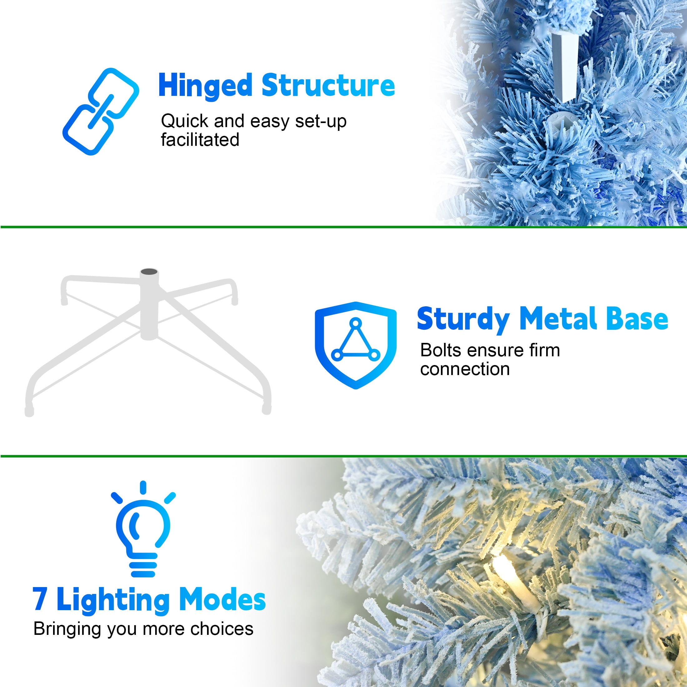 6ft Blue Gradient Flocked Pencil Christmas Tree 725 Tips 300 LED Lights Hinged Branches Metal Stand