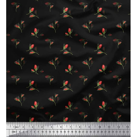 Soimoi Black Cotton Duck Fabric Rose Buds Floral Print Fabric by Yard 42 Inch Wide