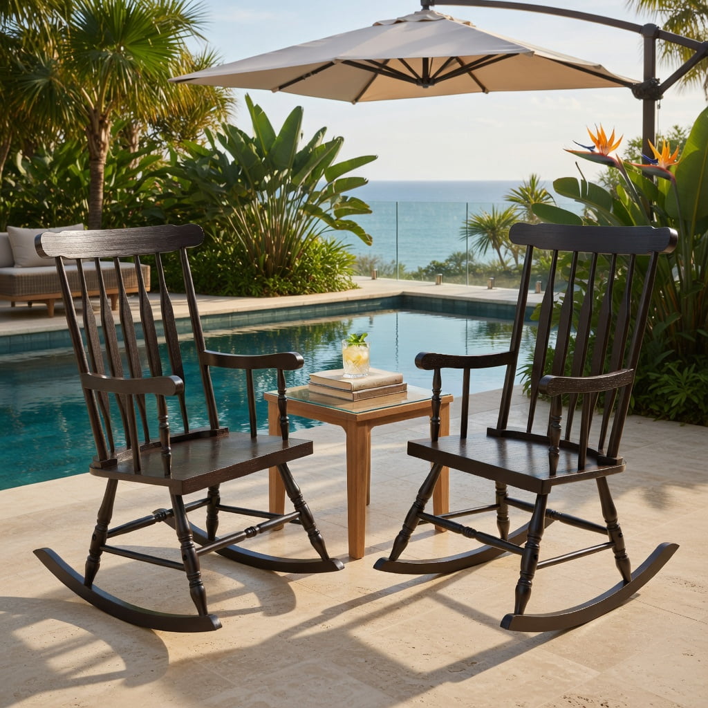 Hommoo Solid Rubber Wood Rocking Chair for Patio, Garden & Indoor Use, Ergonomic Outdoor Rocker with High Back & Curved Armrests, Black