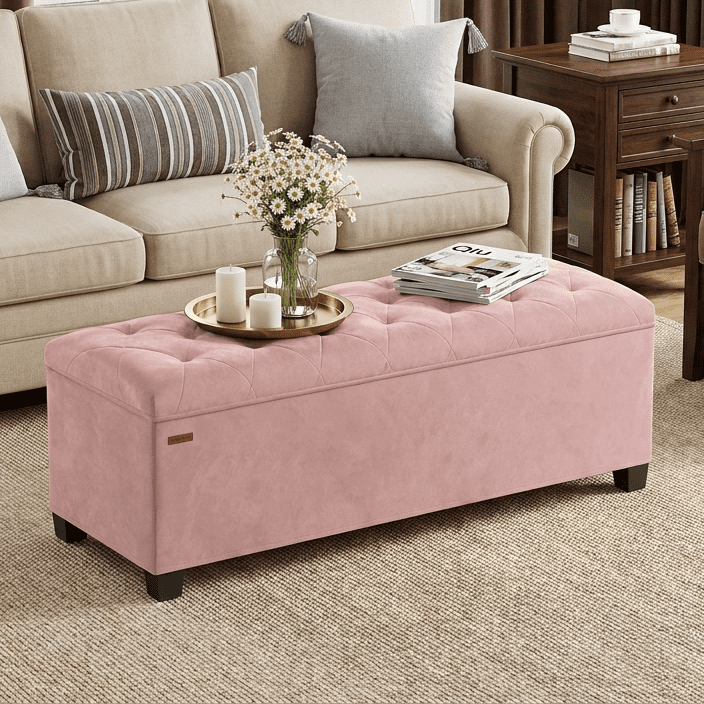 LEDREM 43-Inch Velvet Storage Ottoman Bench with Removable Cover, 660lb Capacity Multi-Functional Footrest for Living Room & Bedroom, Jelly Pink