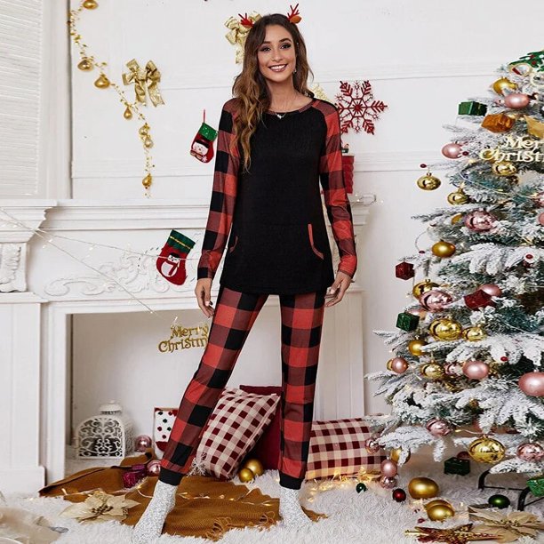 Conjunto de pijama de dos piezas de Navidad para mujer, Camiseta holgada de manga larga estampada y pantalones a cuadros, traje informal para el hogar
