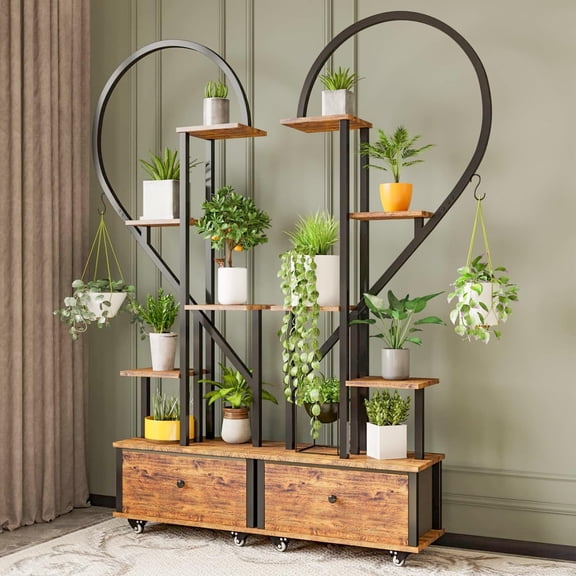 Walsport 6 Tier Plant Stand Indoor,Heart-Shape Plant Shelf with Drawer&Roller,Metal with Wood Plant Shelf for Home Decor,2pcs