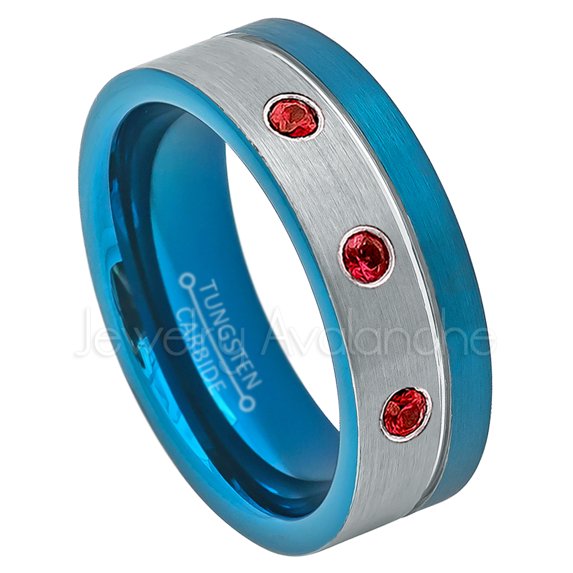 2-Tone Blue Ip Pipe Cut Tungsten Ring - 0.21ctw Garnet 3-stone Band - Personalized Tungsten Wedding Ring - Custom Made January Birthstone Ring TN741BS