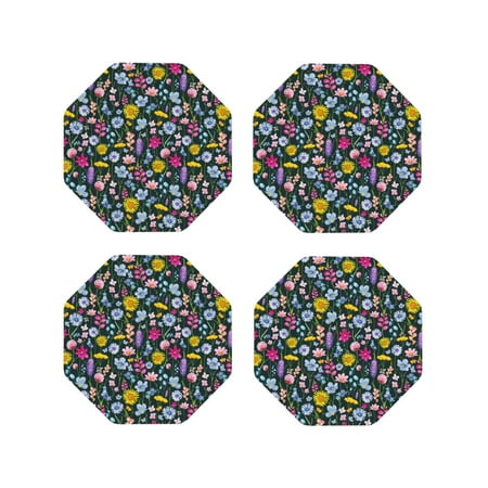 

KLL Drink Coasters Set Octagon of 4 PU Leather Absorbent Coasters Set Decorative Coffee Cup Coasters Housewarming Gift for Home Decor-Watercolor Meadow Flowers