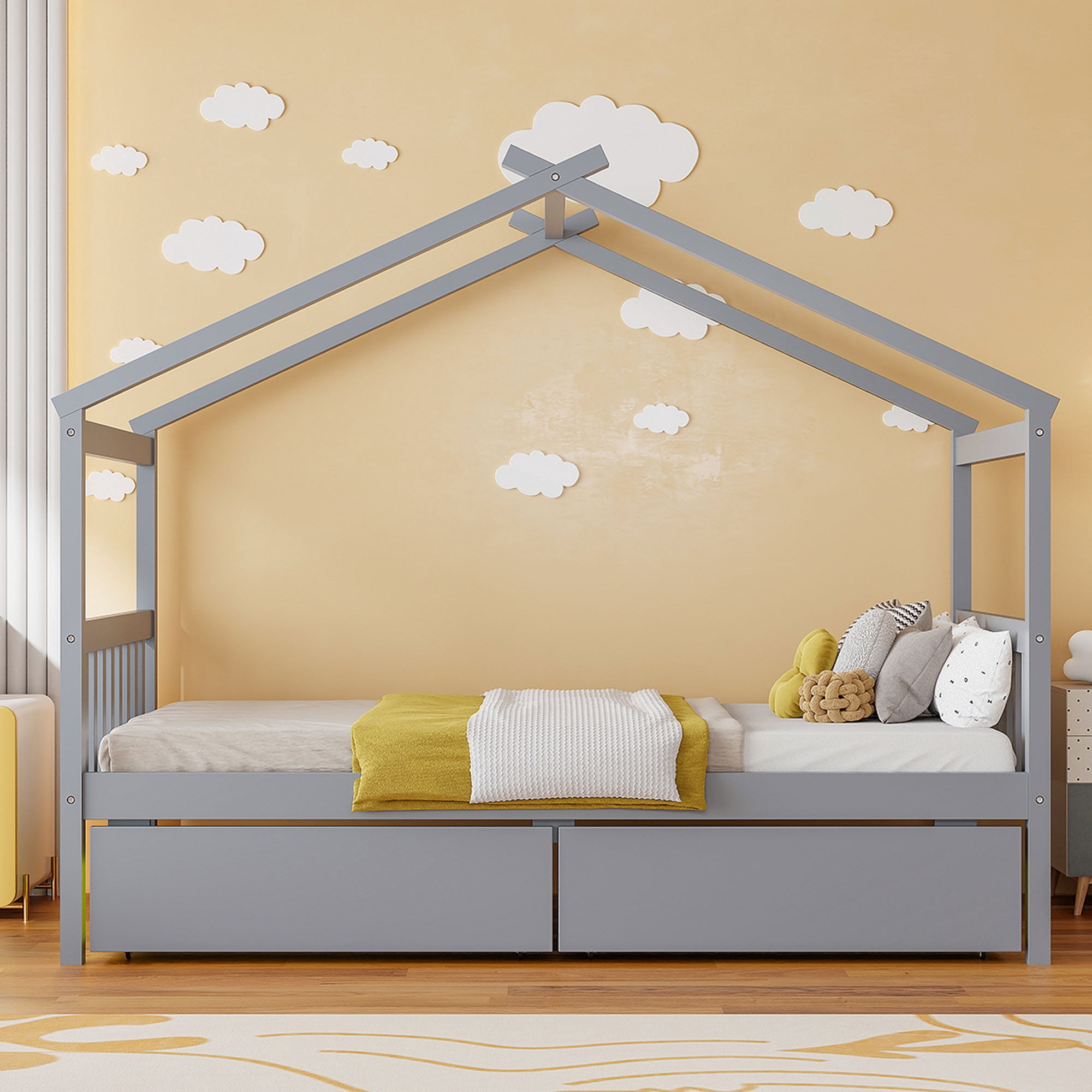 Aukfa Twin Size House Bed with Two Storage Drawers for Kids, Solid Wood Montessori Bed Frame, Gray