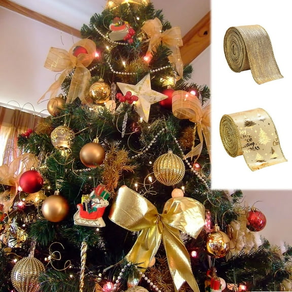 Christmas Ribbon Wired Gold Christmas Tree Ribbon Glitter Christmas Wired Ribbons for Tree, Crafts,Gift Wrapping, Wreaths, Garland, Home Decor, 2 Inch x 1.8 Yard