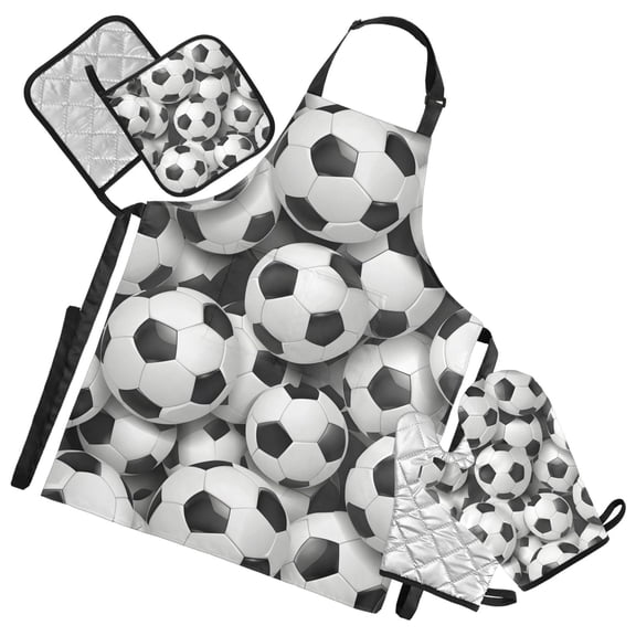 Football Background 5 Pcs Kitchen Set Heat Resistant Oven Mitts and Non-Slip Pot Holders with Adjustable Cooking Apron