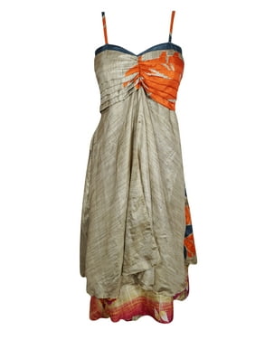 Mogul Women Vintage Recycled Sari Printed Beige Sundress Layered Spaghetti Strap Beach Summer Dresses S/M