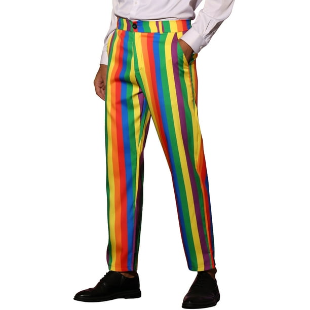 Striped Dress Pants for Men's Regular Fit Flat Front Color Block Rainbow  Stripe Trousers Rainbow Green 36