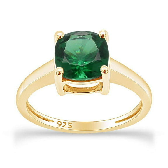 AFFY 2CT 7MM Cushion Simulated Green Emerald Solitaire Ring for Women 14K Yellow Gold over Silver-8