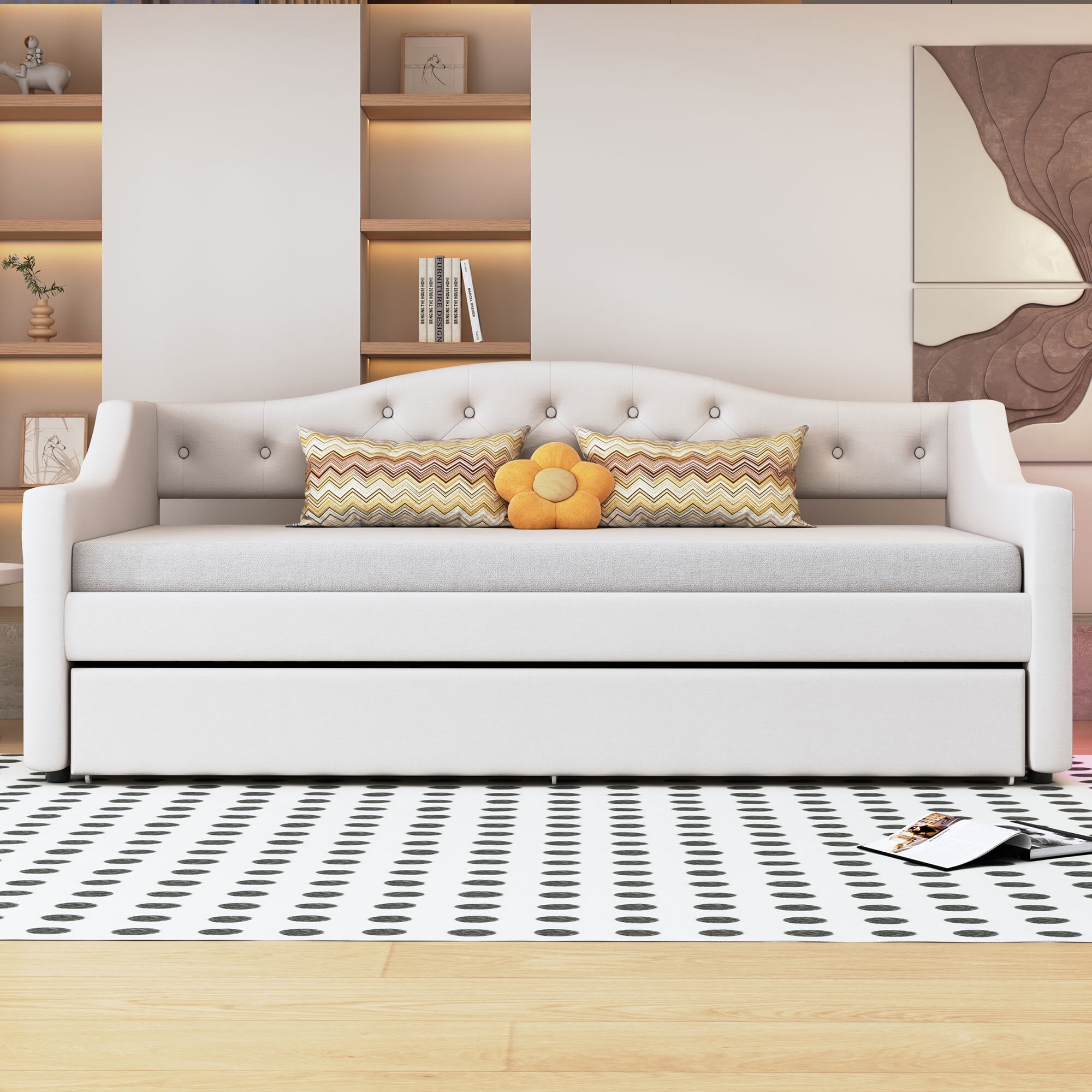 Euroco Upholstery Twin XL Daybed with Trundle and LED Light, Beige