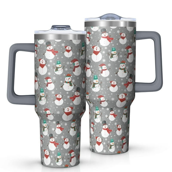 Gray Christmas Snowman Pattern Tumbler with Handle and Lid,40oz Double Wall Vacuum Insulated Tumbler,Cups Gift for Women and Men