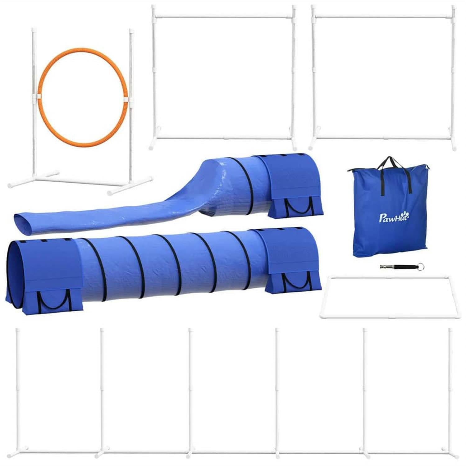 Kadyn 7 Piece Dog Agility Training Set with Tunnels, Weave Poles, Adjustable Hurdle, Jumping Ring, Pause Box for Indoor Outdoor Play, Blue