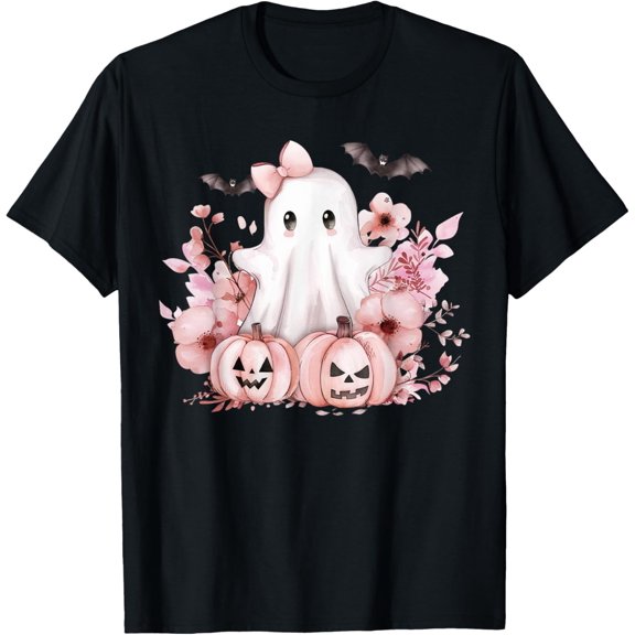 Cute Ghost Florals Pink Coquette Bows Pumpkins Halloween T-Shirt