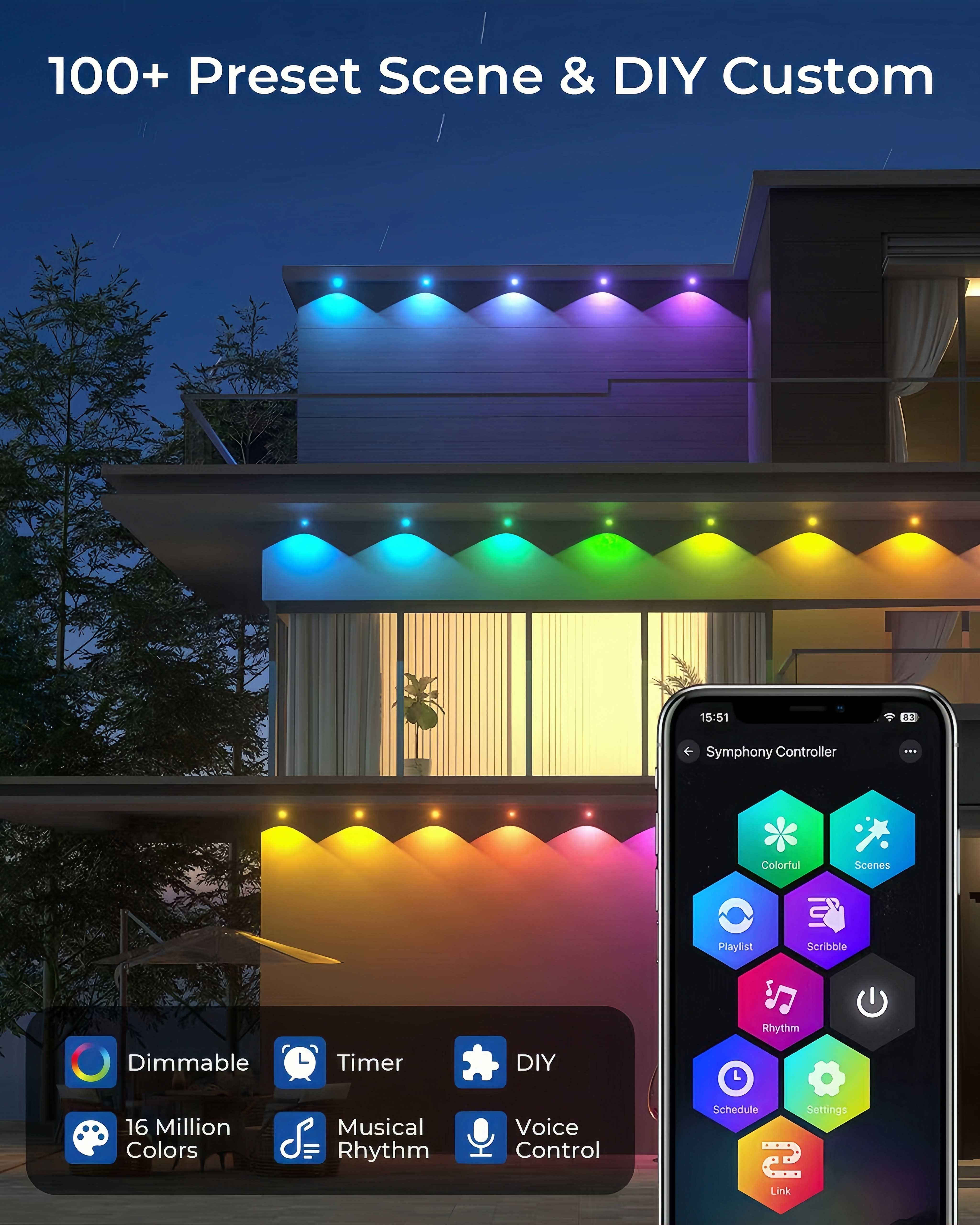 Permanent Outdoor Lights 150ft, RGBWW with IC Smart LED with 90 LED Lights, 50LM Per LED, IP68 Waterproof, App & Remote Control for Halloween Christmas Decor, Pool Party Decor and Daily Lighting, Wor